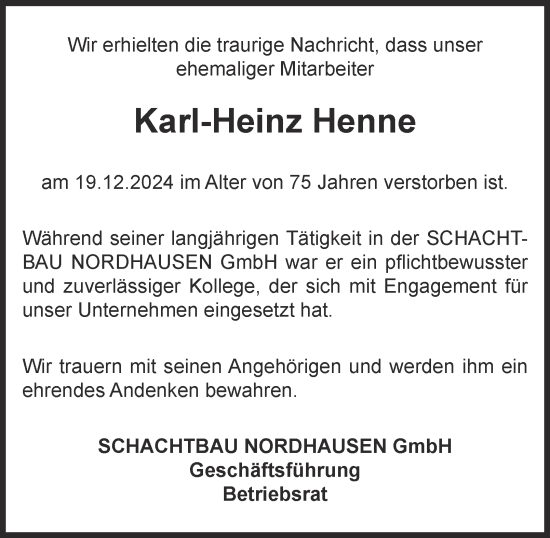 Traueranzeige von Karl-Heinz Henne von Thüringer Allgemeine