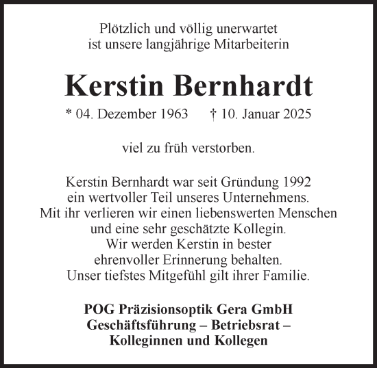 Traueranzeige von Kerstin Bernhardt von Ostthüringer Zeitung