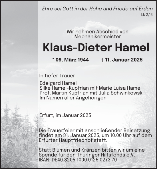 Traueranzeige von Klaus-Dieter Hamel von Thüringer Allgemeine, Thüringische Landeszeitung
