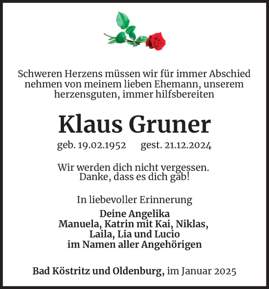 Traueranzeige von Klaus Gruner