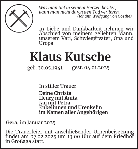 Traueranzeige von Klaus Kutsche von Ostthüringer Zeitung