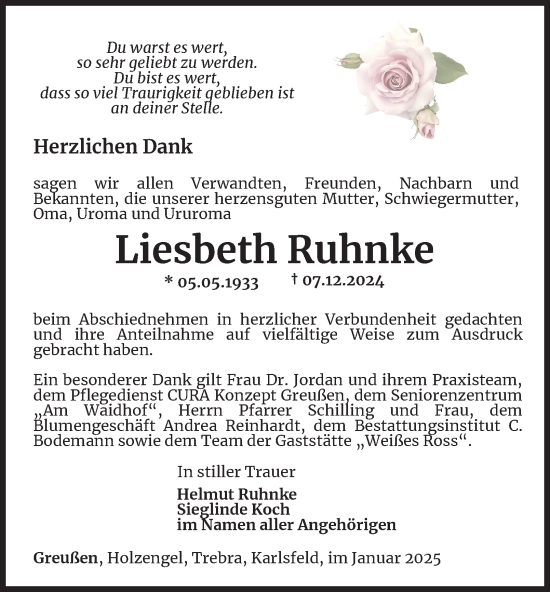Traueranzeige von Liesbeth Ruhnke von Thüringer Allgemeine