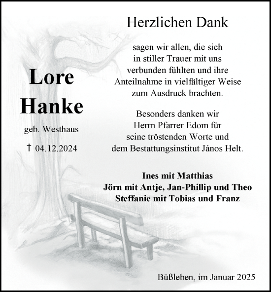 Traueranzeige von Lore Hanke von Thüringer Allgemeine, Thüringische Landeszeitung