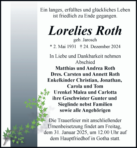 Traueranzeige von Lorelies Roth von Thüringer Allgemeine, Thüringische Landeszeitung