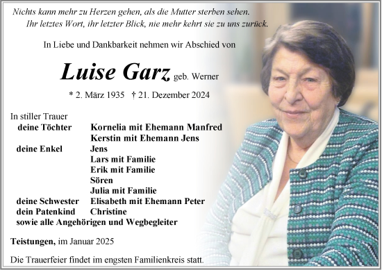 Traueranzeige von Luise Garz von Thüringer Allgemeine