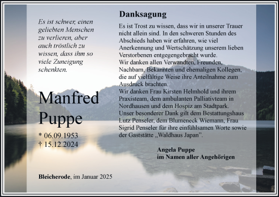 Traueranzeige von Manfred Puppe von Thüringer Allgemeine
