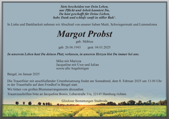 Traueranzeige von Margot Probst von Ostthüringer Zeitung