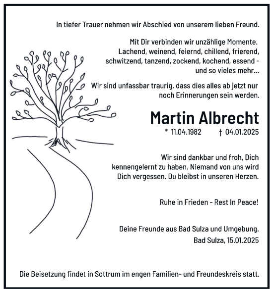 Traueranzeige von Martin Albrecht von Thüringer Allgemeine, Thüringische Landeszeitung