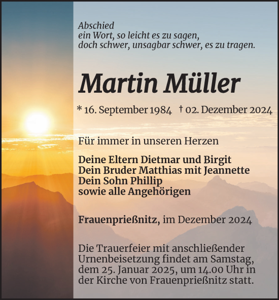 Traueranzeige von Martin Müller von Ostthüringer Zeitung, Thüringische Landeszeitung