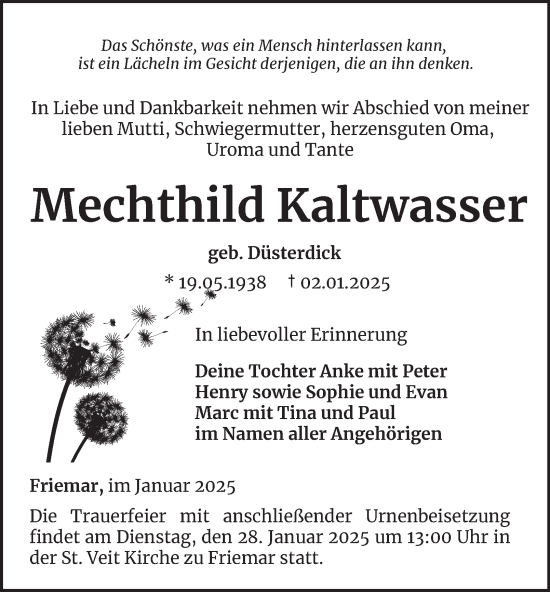 Traueranzeige von Mechthild Kaltwasser von Thüringer Allgemeine, Thüringische Landeszeitung