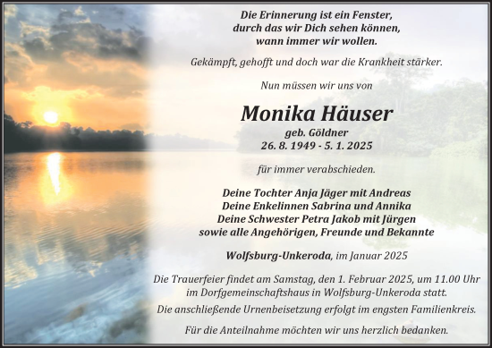 Traueranzeige von Monika Häuser von Thüringer Allgemeine, Thüringische Landeszeitung