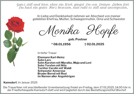 Traueranzeige von Monika Hopfe von Ostthüringer Zeitung