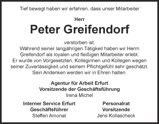 Traueranzeige von Peter Greifendorf von Thüringer Allgemeine, Thüringische Landeszeitung