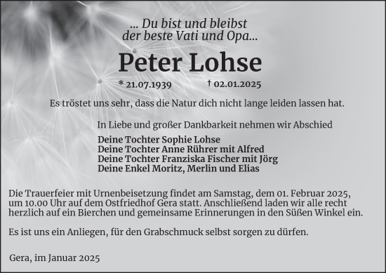 Traueranzeige von Peter Lohse von Ostthüringer Zeitung