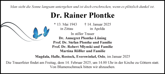 Traueranzeige von Rainer Plontke von Ostthüringer Zeitung, Thüringische Landeszeitung