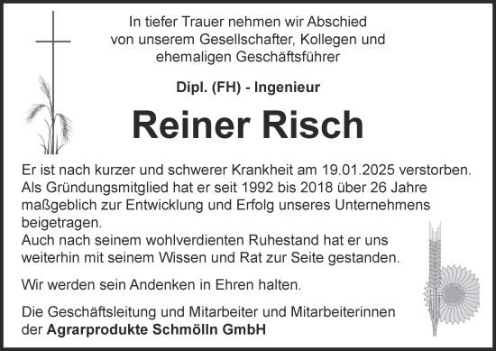 Traueranzeige von Reiner Risch von Ostthüringer Zeitung