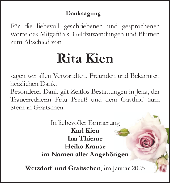 Traueranzeige von Rita Kien von Ostthüringer Zeitung