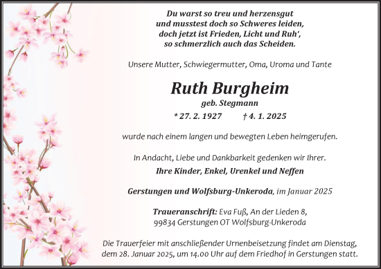 Traueranzeige von Ruth Burgheim von Thüringer Allgemeine, Thüringische Landeszeitung