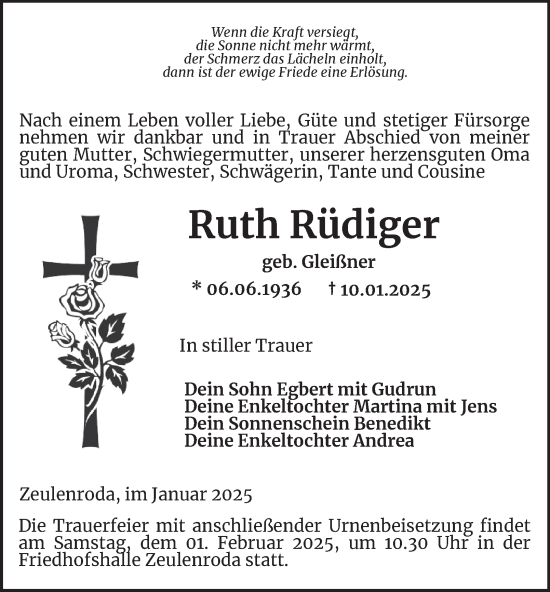Traueranzeige von Ruth Rüdiger von Ostthüringer Zeitung