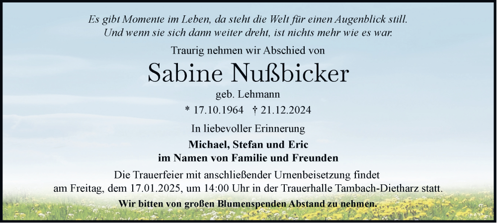 Traueranzeige für Sabine Nußbicker vom 11.01.2025 aus Thüringer Allgemeine, Thüringische Landeszeitung
