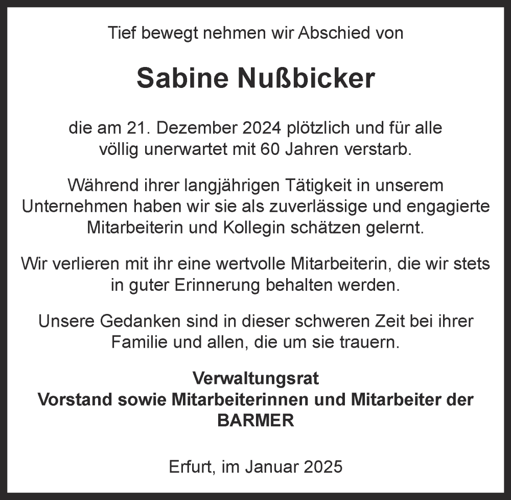  Traueranzeige für Sabine Nußbicker vom 11.01.2025 aus Thüringer Allgemeine, Thüringische Landeszeitung