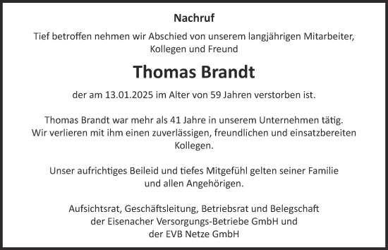 Traueranzeige von Thomas Brandt von Thüringer Allgemeine, Thüringische Landeszeitung