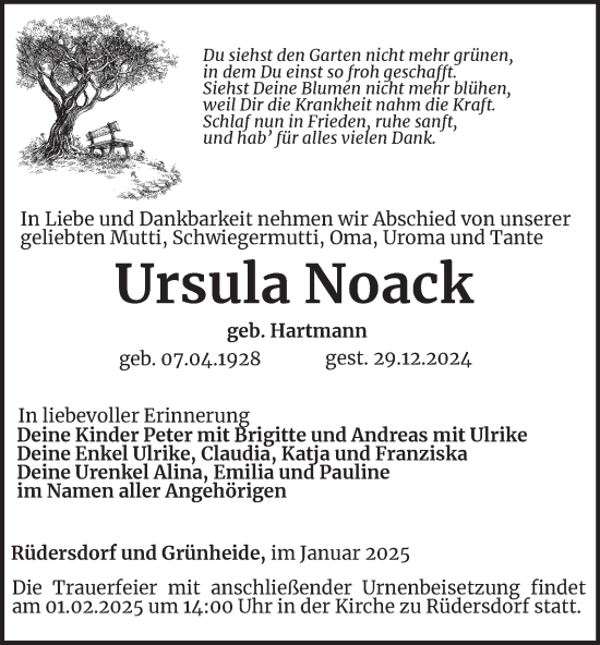 Traueranzeige von Ursula Noack von Ostthüringer Zeitung