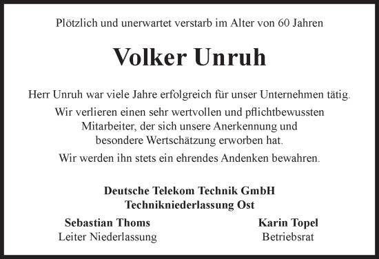 Traueranzeige von Volker Unruh von Thüringer Allgemeine, Thüringische Landeszeitung