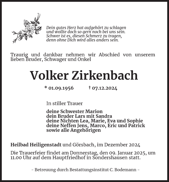 Traueranzeige von Volker Zirkenbach von Thüringer Allgemeine
