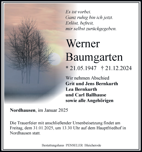 Traueranzeige von Werner Baumgarten von Thüringer Allgemeine