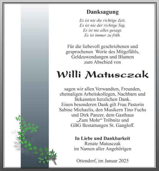 Traueranzeige von Willi Matusczak von Ostthüringer Zeitung