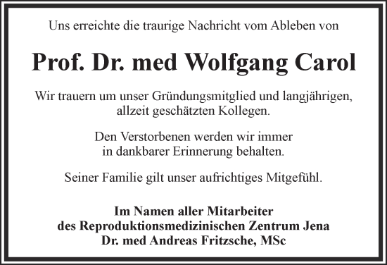 Traueranzeige von Wolfgang Carol von Thüringer Allgemeine, Thüringische Landeszeitung