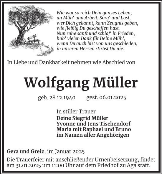 Traueranzeige von Wolfgang Müller