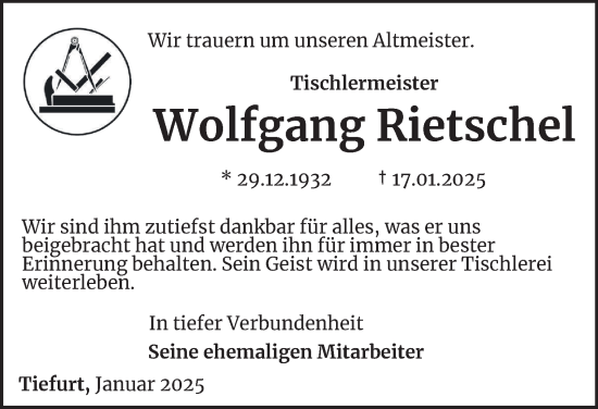 Traueranzeige von Wolfgang Rietschel von Thüringer Allgemeine, Thüringische Landeszeitung