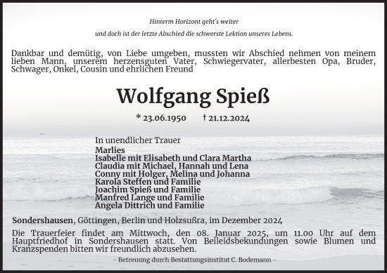 Traueranzeige von Wolfgang Spieß