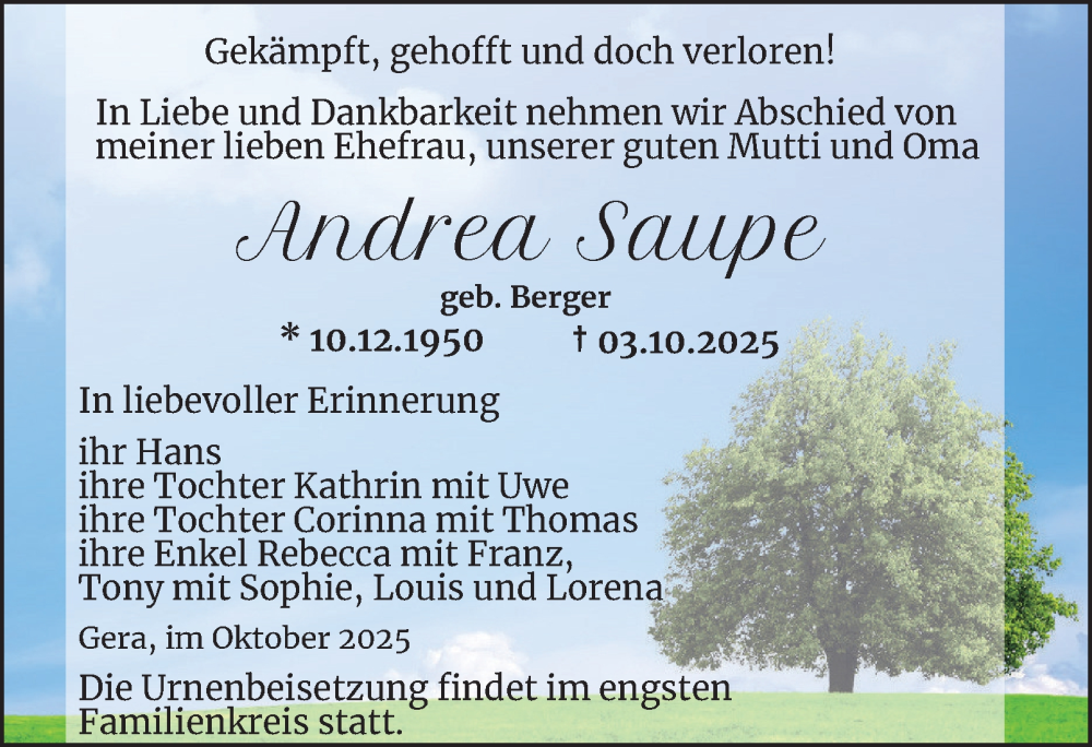  Traueranzeige für Andrea Saupe vom 11.10.2025 aus Ostthüringer Zeitung