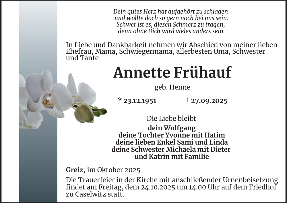  Traueranzeige für Annette Frühauf vom 10.10.2025 aus Ostthüringer Zeitung