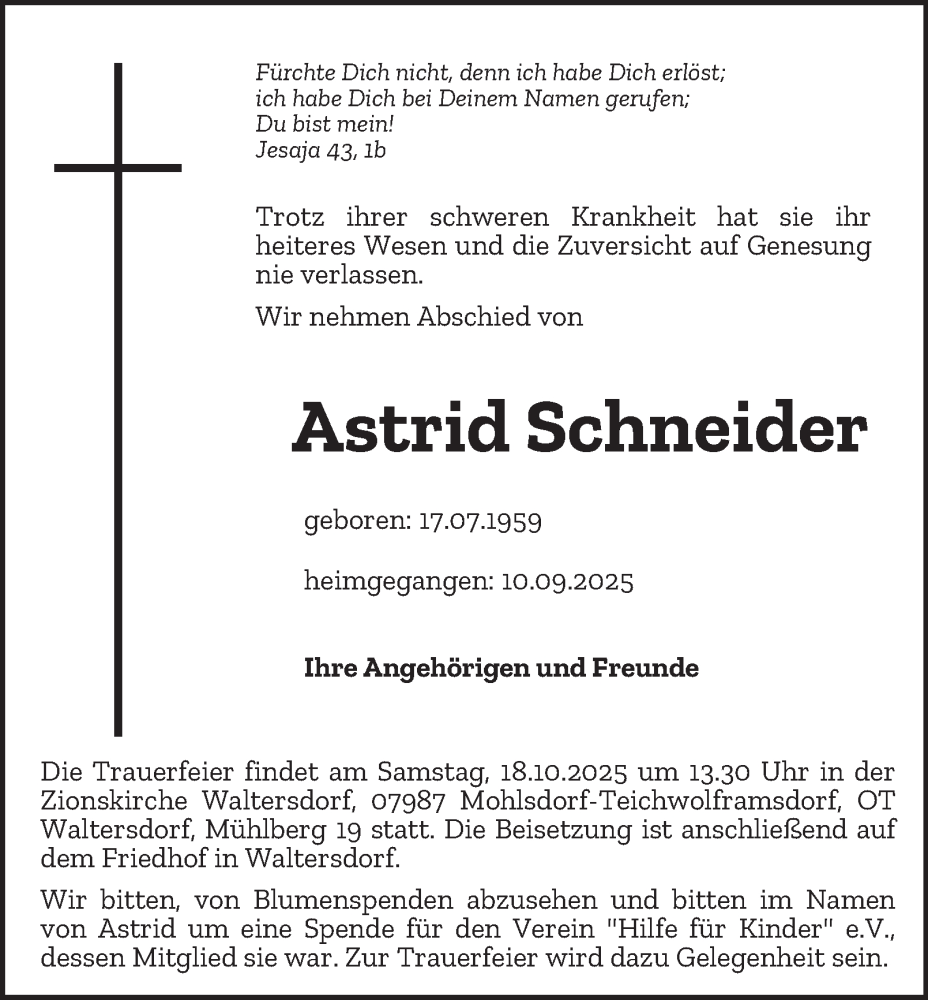  Traueranzeige für Astrid Schneider vom 04.10.2025 aus Ostthüringer Zeitung