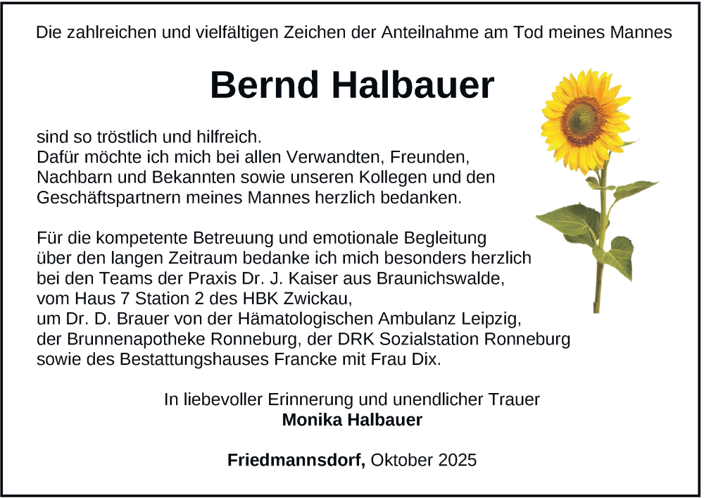  Traueranzeige für Bernd Halbauer vom 25.10.2025 aus Ostthüringer Zeitung