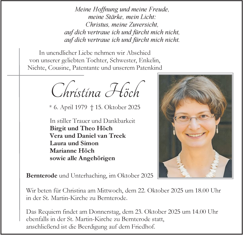  Traueranzeige für Christina Höch vom 18.10.2025 aus Thüringer Allgemeine