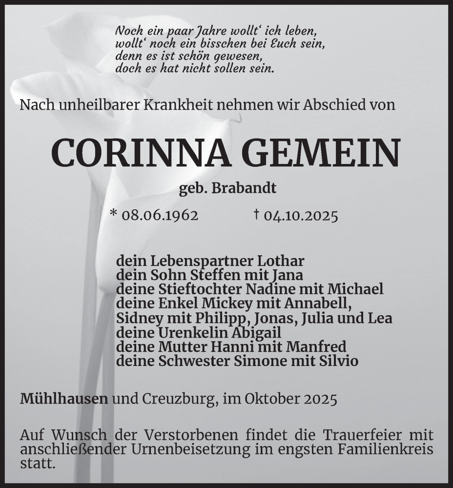  Traueranzeige für Corinna Gemein vom 17.10.2025 aus Thüringer Allgemeine, Thüringische Landeszeitung