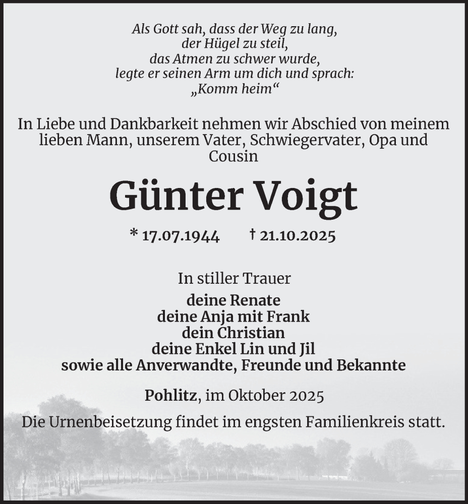  Traueranzeige für Günter Voigt vom 24.10.2025 aus Ostthüringer Zeitung