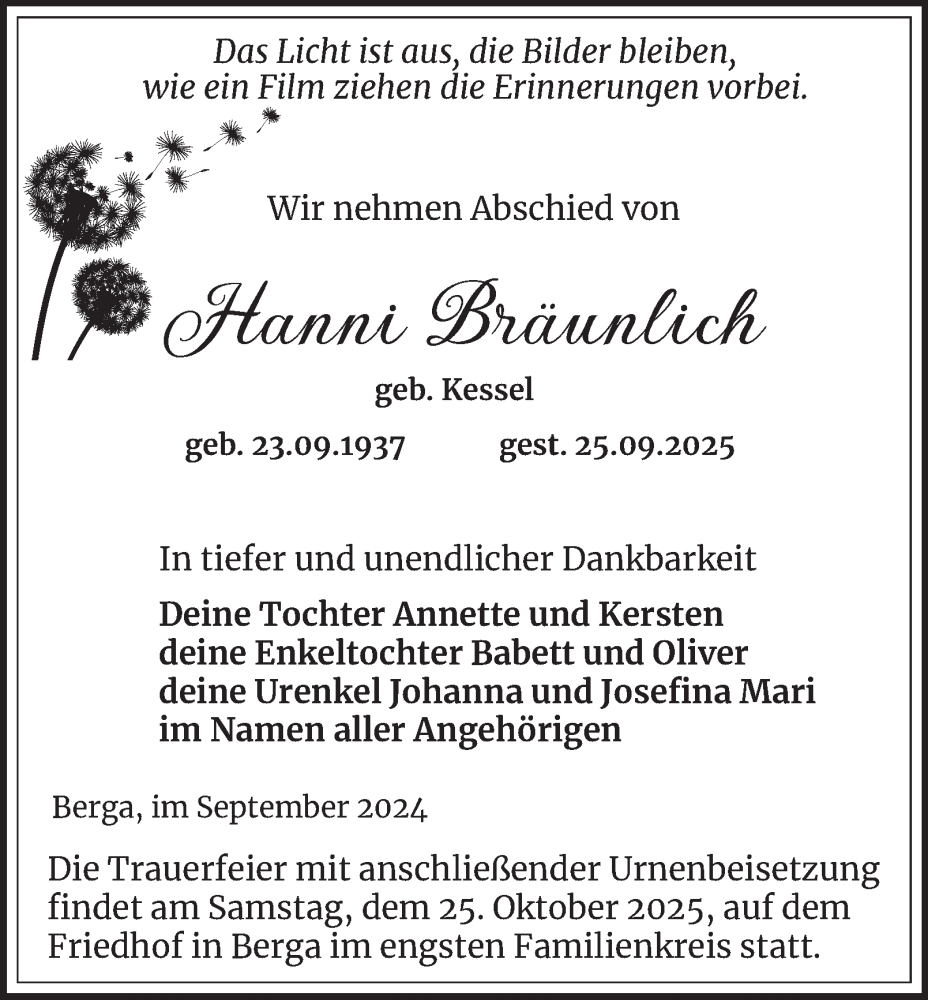  Traueranzeige für Hanni Bräunlich vom 04.10.2025 aus Ostthüringer Zeitung