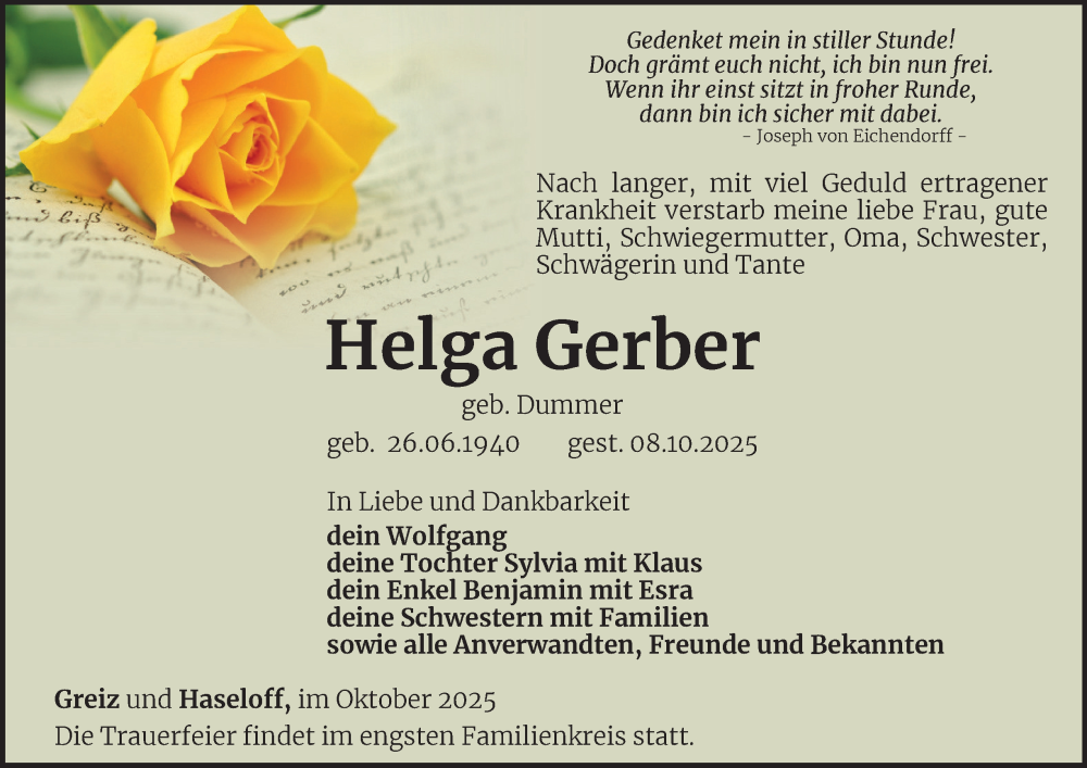 Traueranzeige für Helga Gerber vom 17.10.2025 aus Ostthüringer Zeitung