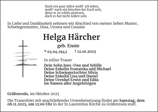 Traueranzeige von Helga Härcher von Thüringer Allgemeine