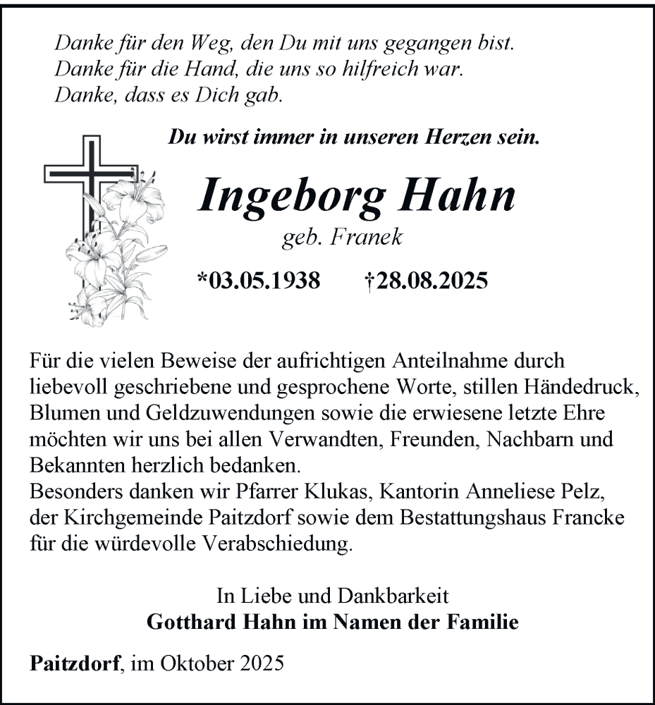  Traueranzeige für Ingeborg Hahn vom 11.10.2025 aus Ostthüringer Zeitung