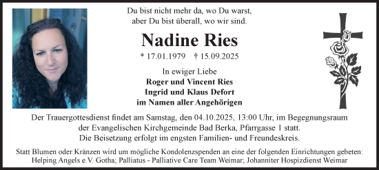 Traueranzeige von Nadine Ries von Thüringer Allgemeine