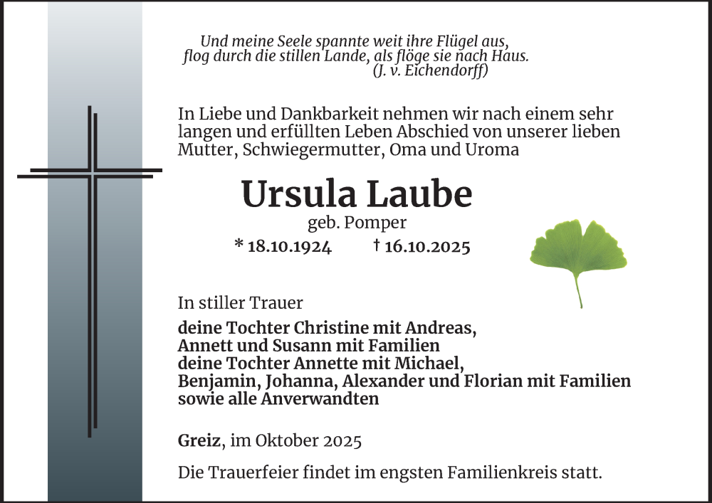  Traueranzeige für Ursula Laube vom 18.10.2025 aus Ostthüringer Zeitung