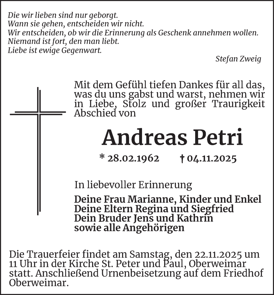  Traueranzeige für Andreas Petri vom 15.11.2025 aus Thüringer Allgemeine