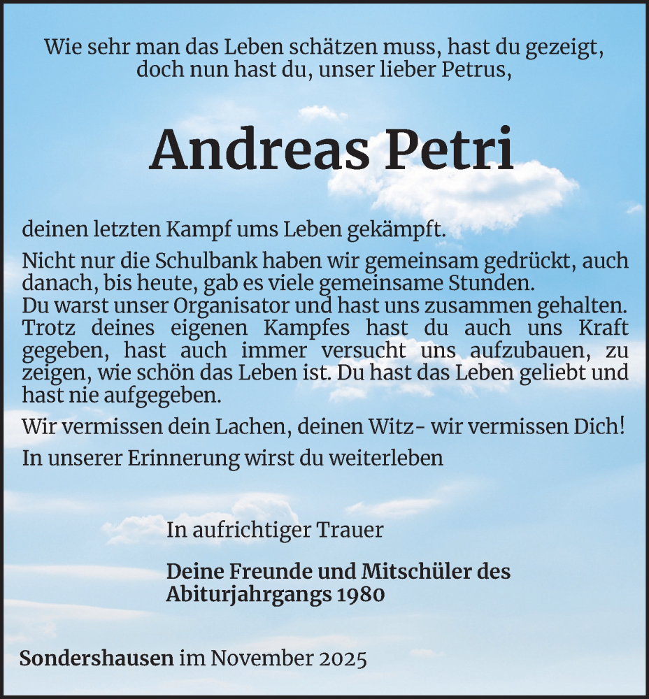  Traueranzeige für Andreas Petri vom 29.11.2025 aus Thüringer Allgemeine